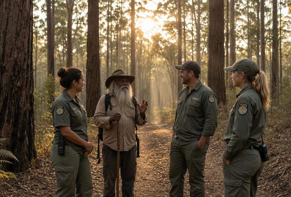 An indigenous elder speaks with forest rangers on a firebreak at golden hour