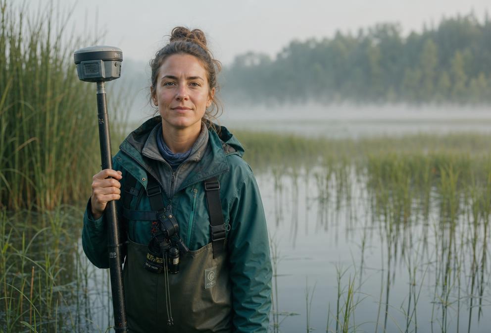 Renée Marsh standing in a wetland holding surveying equipment