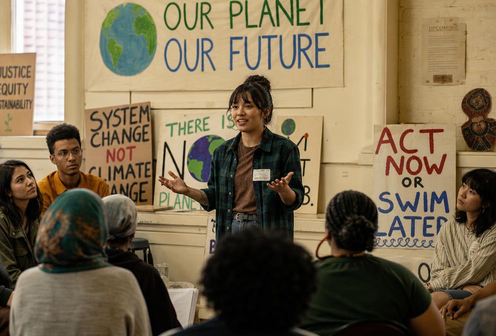 A young organizer leads a community meeting with hand-painted climate signs
